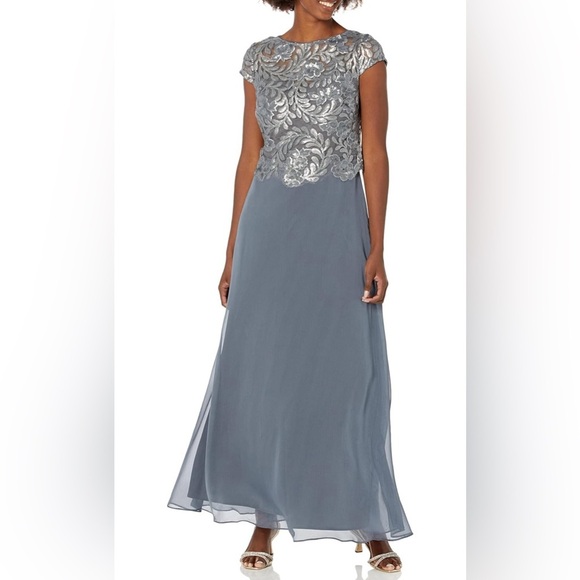 Alex Evenings Cap Sleeve Long Mock Dress in Charcoal - Picture 2 of 8